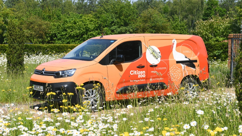 Un citroën ë-berlingo van aux couleurs de citizen zoo 